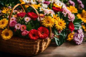 un cesta lleno de vistoso flores en un de madera mesa. generado por ai foto