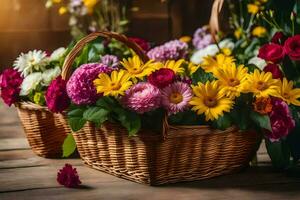 baskets of flowers on a wooden table. AI-Generated photo