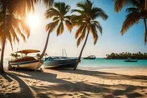 two boats on the beach with palm trees. AI-Generated photo