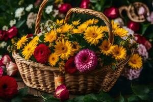 basket of flowers on a wooden table. AI-Generated photo