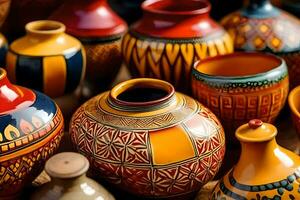 many colorful vases are displayed on a table. AI-Generated photo