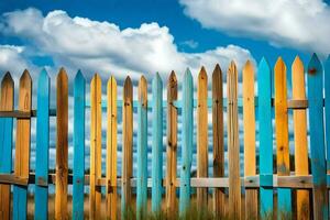 colorful wooden fence against a blue sky. AI-Generated photo