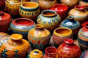 colorful pottery vases are displayed in a shop. AI-Generated photo