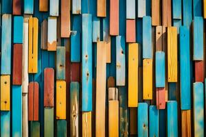 colorful wooden wall with many different colored pieces. AI-Generated photo