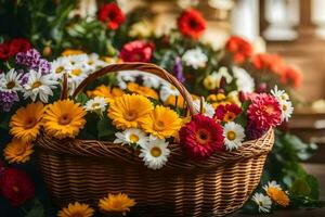 un cesta lleno de vistoso flores en un de madera piso. generado por ai foto