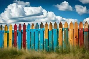 colorful wooden fence with blue sky and clouds. AI-Generated photo