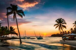 a beautiful beach with palm trees and boats at sunset. AI-Generated photo