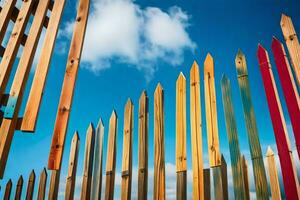 a fence with many different colored wooden poles. AI-Generated photo