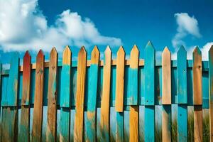a colorful fence with blue sky and grass. AI-Generated photo