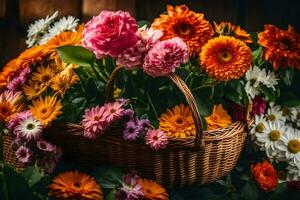 un cesta lleno de vistoso flores en un de madera mesa. generado por ai foto