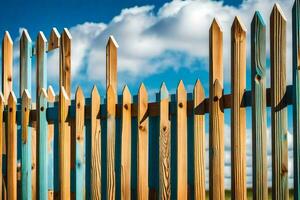 a wooden fence with blue sky and white clouds. AI-Generated photo