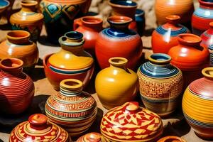 colorful pottery vases for sale at a market. AI-Generated photo
