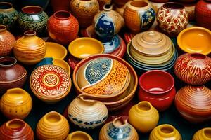 many colorful pottery vases are displayed on a table. AI-Generated photo