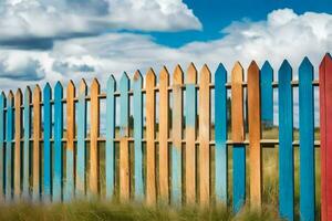 a colorful fence with blue sky and clouds. AI-Generated photo