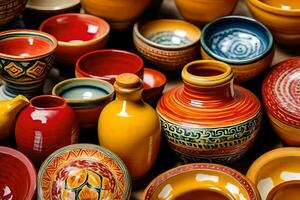 many colorful ceramic bowls and vases are arranged together. AI-Generated photo
