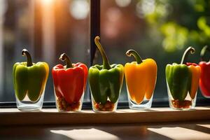 colorful peppers in glasses on a window sill. AI-Generated photo