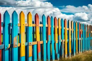 a colorful wooden fence with blue sky and clouds. AI-Generated photo