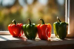 five peppers are sitting on a window sill. AI-Generated photo