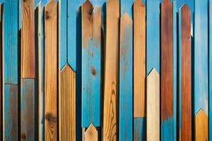 a wooden fence with blue and green paint. AI-Generated photo