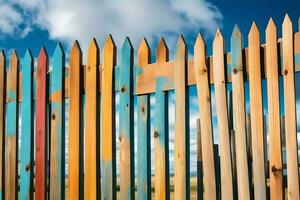 a wooden fence with colorful painted posts. AI-Generated photo