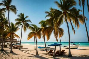 palma arboles línea el playa a un tropical complejo. generado por ai foto