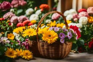 un cesta lleno de flores en un mesa. generado por ai foto