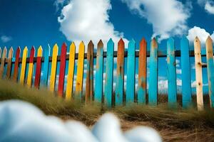 a colorful fence with blue sky and clouds in the background. AI-Generated photo
