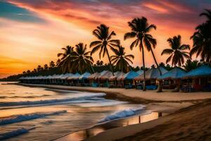 a beach with palm trees and huts at sunset. AI-Generated photo