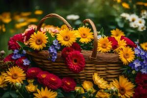 un cesta lleno de vistoso flores es sentado en el césped. generado por ai foto