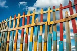 a colorful fence with wooden poles. AI-Generated photo