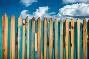 un de madera cerca con azul y blanco postes generado por ai foto