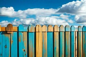 un de madera cerca con azul pintar y un azul cielo. generado por ai foto