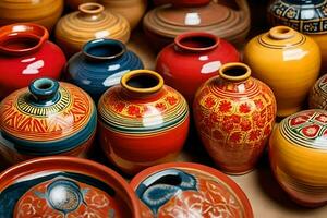 many colorful pottery vases are displayed on a table. AI-Generated photo