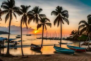 boats are docked on the beach at sunset. AI-Generated photo