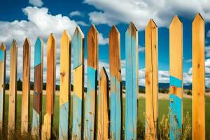 a wooden fence with painted blue and yellow stripes. AI-Generated photo
