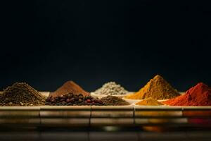 a variety of spices on a wooden tray. AI-Generated photo