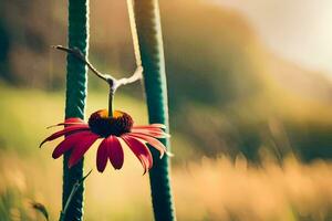a red flower is hanging from a pole in the grass. AI-Generated photo
