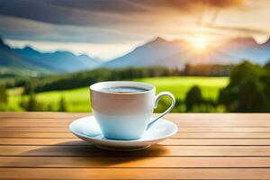 coffee cup on the table in the mountains. AI-Generated photo