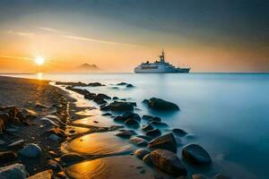 un barco en el playa a puesta de sol. generado por ai foto