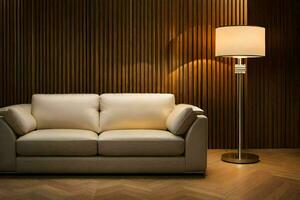un moderno vivo habitación con un sofá y lámpara. generado por ai foto