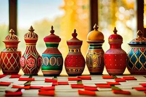 a row of colorful wooden vases on a table. AI-Generated photo