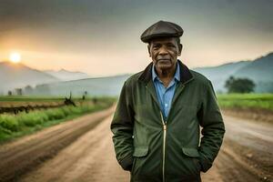 an old man standing on a dirt road. AI-Generated photo