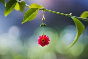 a red flower hanging from a branch. AI-Generated photo