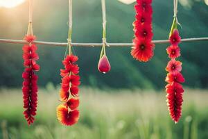 rojo flores colgando desde un tendedero generado por ai foto