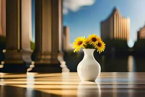 sunflowers in a vase on a table in front of a city. AI-Generated photo