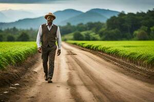 un hombre en un sombrero camina abajo un suciedad la carretera. generado por ai foto