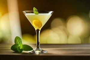 a martini with lemon and mint on a wooden table. AI-Generated photo