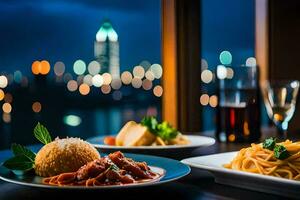 un plato de espaguetis y un plato de albóndigas sentar en un mesa con un ver de el. generado por ai foto