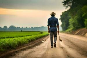 a man walking down a dirt road with a hat and a shovel. AI-Generated photo