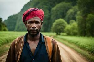 a man wearing a turban stands on a dirt road. AI-Generated photo